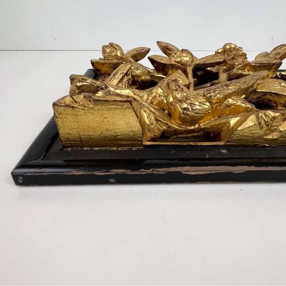 Asian Hand Carved Gilt Wooden Bird Floral Art Hanging 13” x 8” Wall Panel Decor - Picture 9 of 16